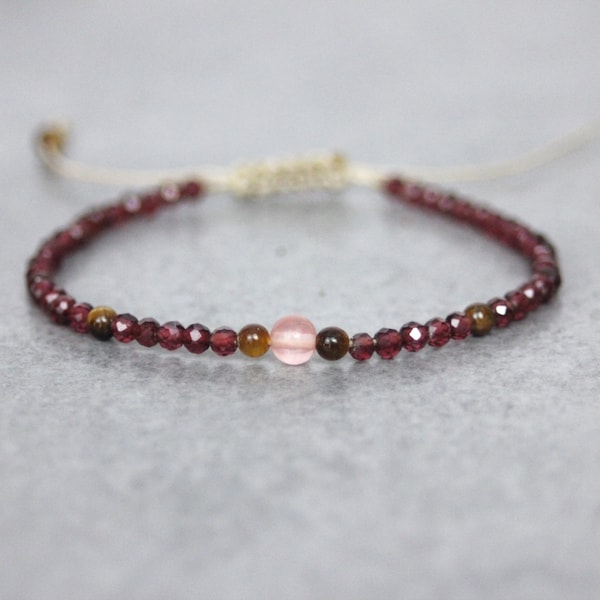 Bracelet femme perles en pierres naturelles grenat, œil de tigre et quartz rose