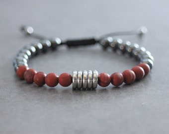 Man gemstones bracelet, red matte jaspe, hematite beads and stainless steel