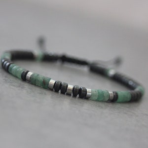 Herenarmband van natuursteen, heishi kralen van smaragd aventurijn, hematiet en zilver hematiet Ø4mm