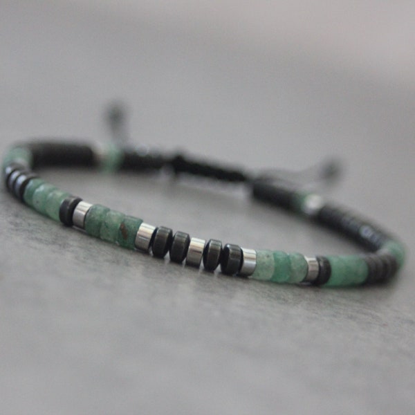 Men's bracelet in natural stones, heishi beads in aventurine emerald, hematite and silver hematite Ø4mm