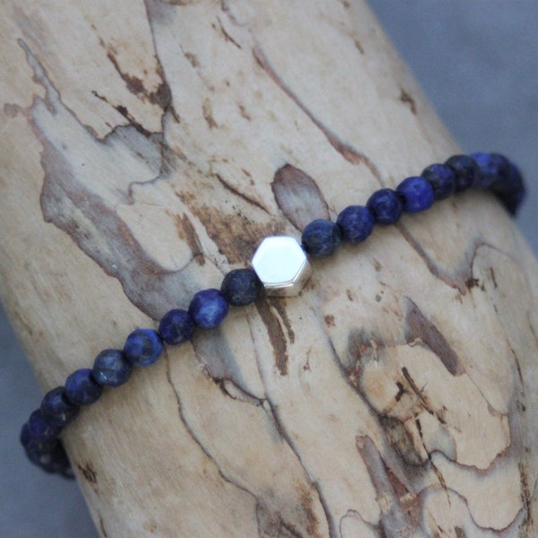 Bracelet homme en pierres naturelles, perles lapis lazuli et perle hexagone en argent massif 925