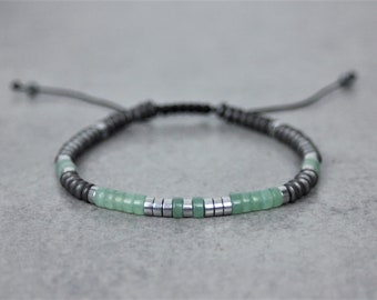 Men's bracelet in natural stones, green jade heishi beads, matte hematite and silver hematite Ø4mm