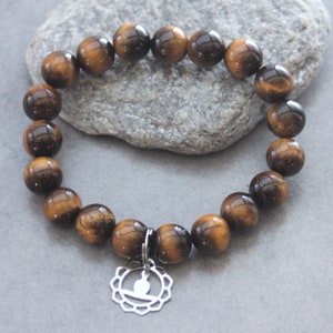 Gemstones tiger's eye beads bracelet and buddha stainless steel charm