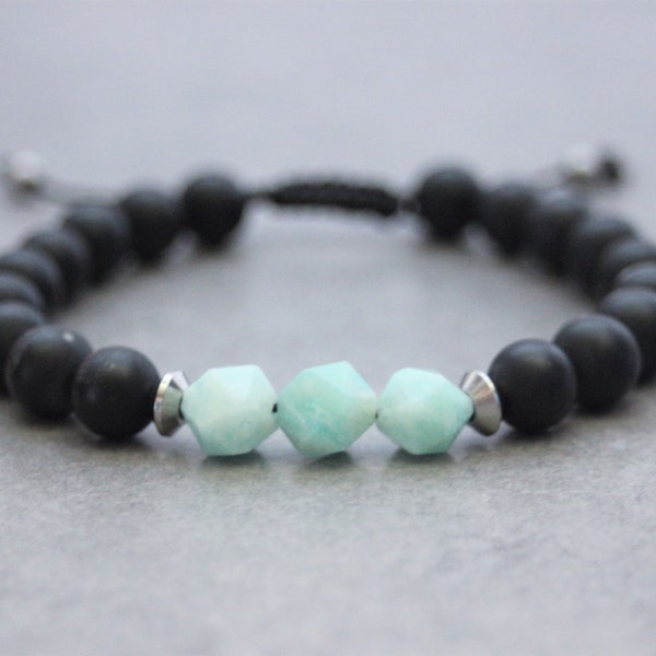 Bracelet homme en pierres naturelles perles onyx noires mat, amazonite et acier inoxydable