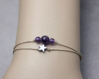 Women's cord bracelet with natural amethyst stone beads, hematite star and stainless steel beads