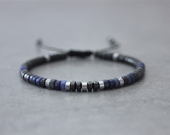 Bracelet homme en pierres naturelles, perles heishi en lapis lazuli, hématite et hématite argenté Ø4mm