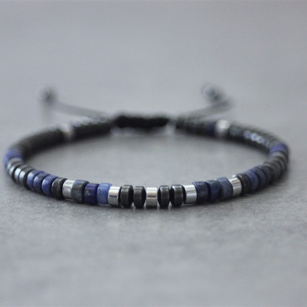 Bracelet homme en pierres naturelles, perles heishi en lapis lazuli, hématite et hématite argenté Ø4mm