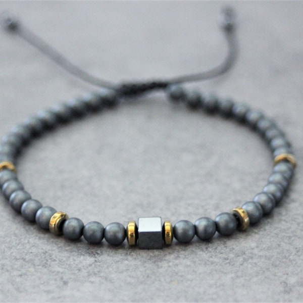 Bracelet homme en pierres naturelles, perles hématite mat, hématite doré et perle cube