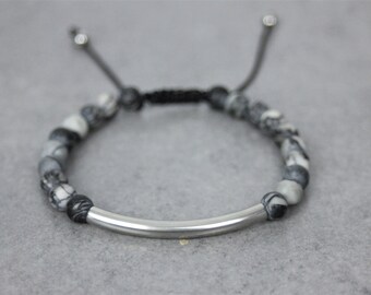 Men's bracelet made of natural stones, matte Picasso jasper beads and stainless steel tube bead