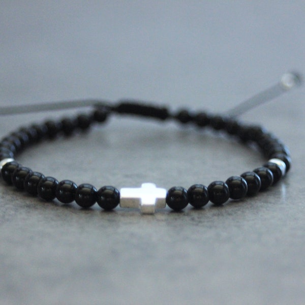 Bracelet homme en pierres naturelles, perles onyx, perles et croix argent massif 925