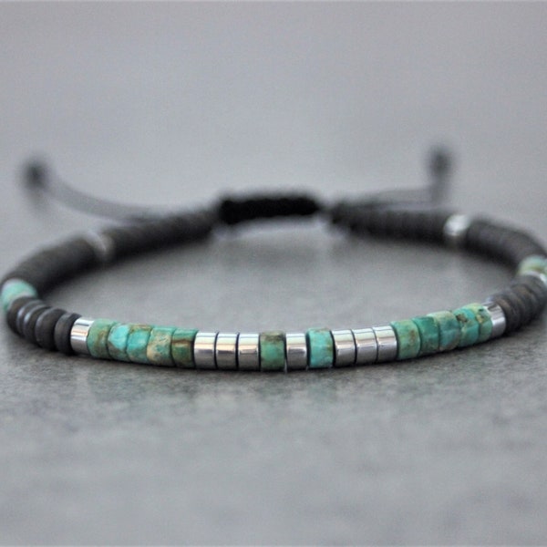 Bracelet homme en pierres naturelles, perles heishi en turquoise, hématite et hématite argenté Ø4mm
