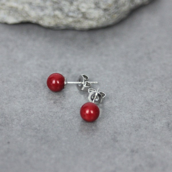 Boucles d'oreilles en corail rouge et argent massif Ø6mm