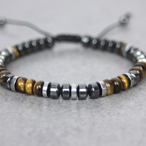 Men&#39;s bracelet in natural stones, tiger&#39;s eye beads, hematite and silver hematite Ø6mm