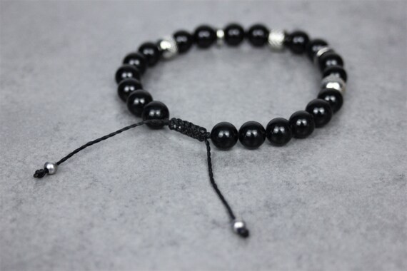 Bracelet Homme En Pierres Naturelles Perles Onyx Noir Et Perles Acier Inoxydable - France