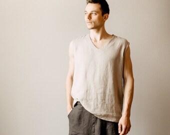 Mens Linen Top Sleeveless Linen Shirt Mens summer beach shirt  Linen Yoga top Size Small to XXXL, made to order