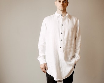 White Long Linen Shirt Mens Button down Linen shirt  men's summer shirt Long sleeve linen shirt Size Small to XXXL, made to order