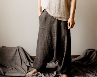 Harem pants - Linen Aladdin Pants - Yoga Pants -Unisex Linen Afghani Pants , Pure Linen Ali baba Pants , Hammered - Men - Woman One size