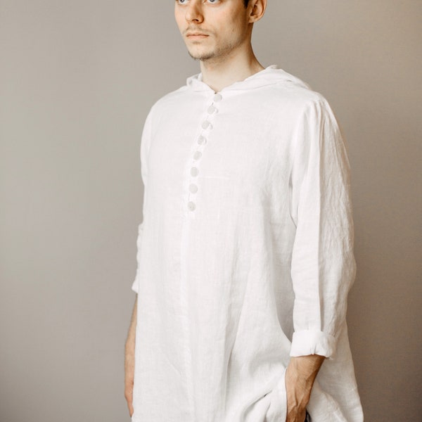 Mens Kurta Hooded Linen Kurta  Mens Kaftan Gift to Him  Linen Caftan Loungwear Long sleeve linen shirt Size Small to XXXL, made to order