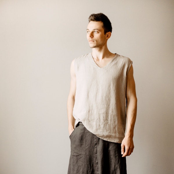 Mens Linen Top Sleeveless Linen Shirt Mens summer beach shirt  Linen Yoga top Size Small to XXXL, made to order