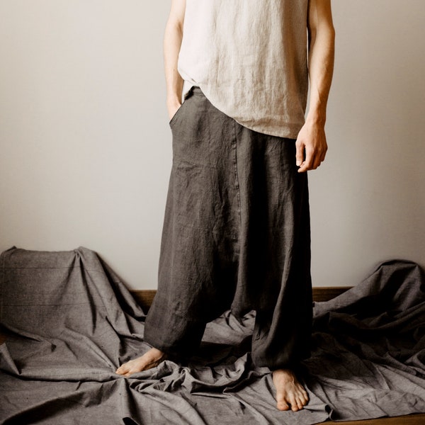 Harem pants - Linen Aladdin Pants - Yoga Pants -Unisex Linen Afghani Pants , Pure Linen Ali baba Pants , Hammered - Men - Woman One size