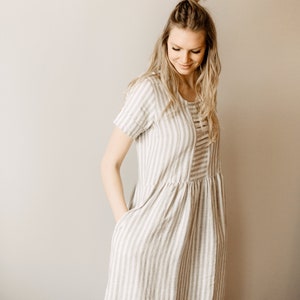 Linen dress , Linen Doll Dress, Striped Linen Tunic Dress, Baby doll Linen Dress, Short sleeve linen dress, Custom order, Summer Dress image 2