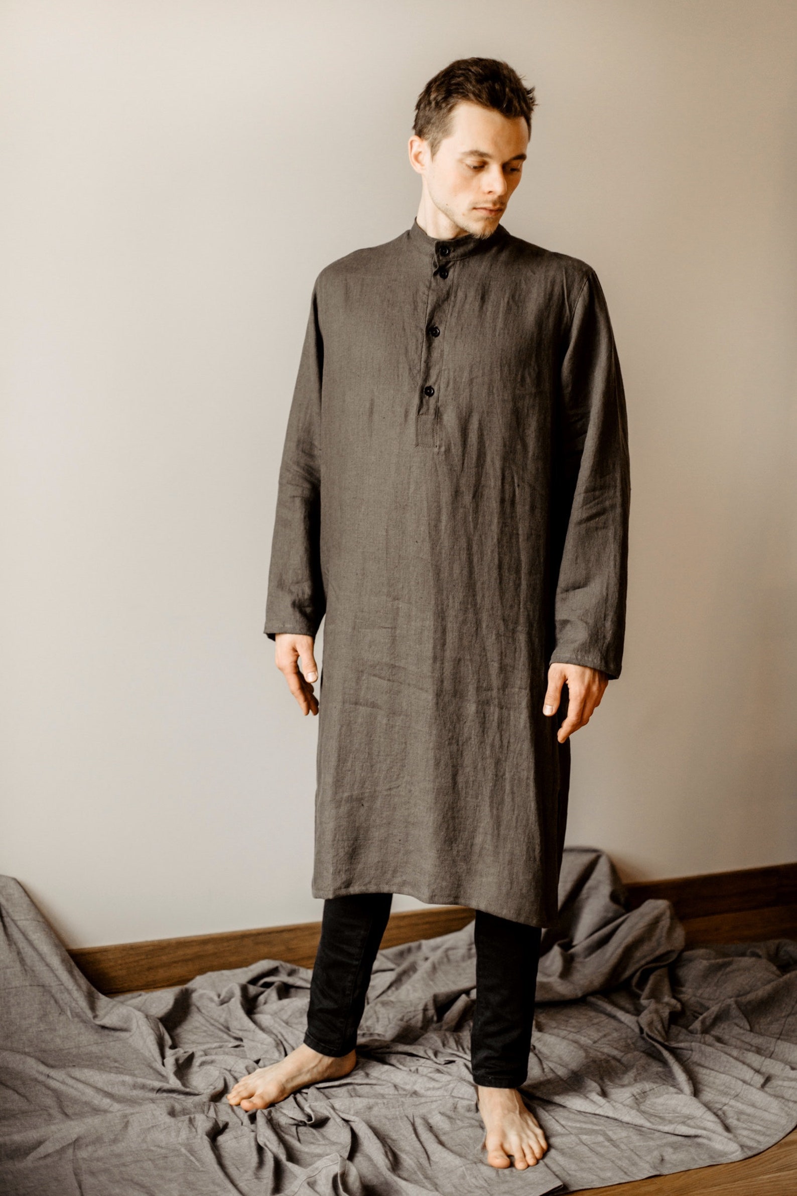 Men Kaftan Linen Caftan With Pockets Loungewear Djellaba Long Shirt