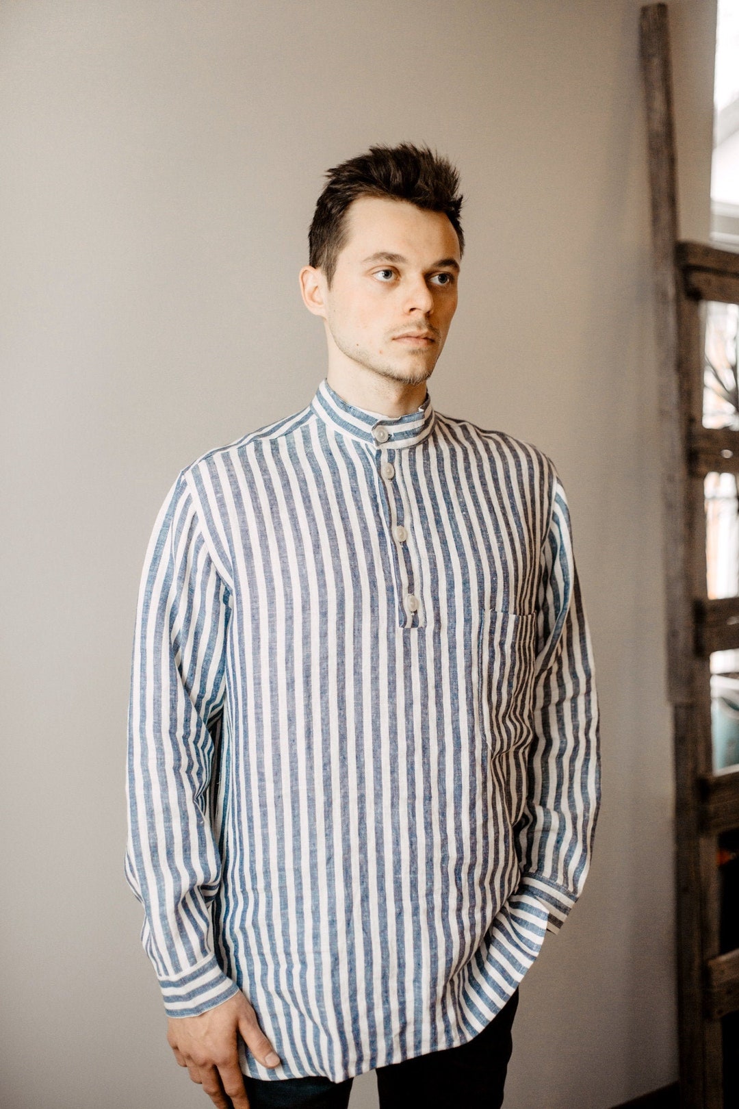 Mens Linen Shirt Mens No Collar Linen Shirt Men's Summer Shirt Long