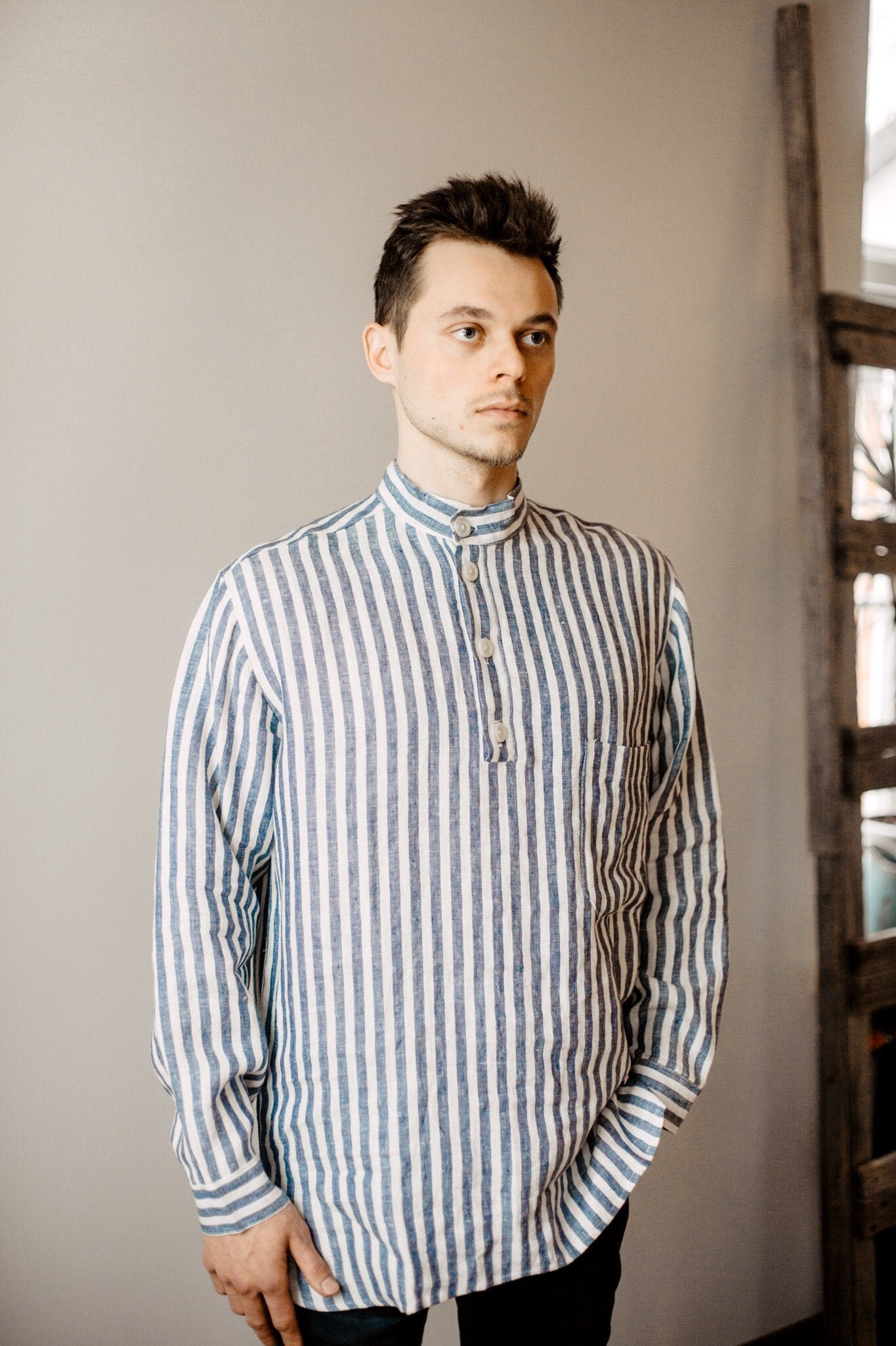 Mens Linen Shirt Mens No Collar Linen Shirt Men's Summer Shirt Long