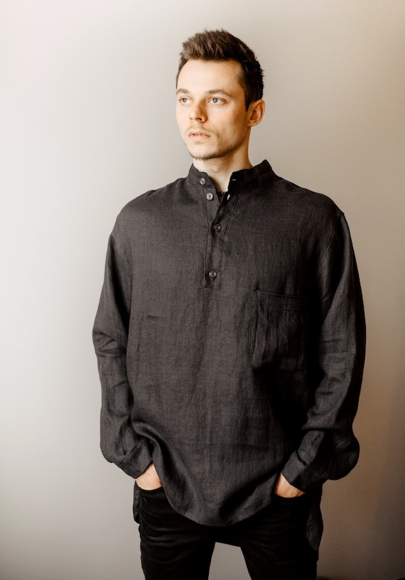 Mens Linen shirt Mens no collar Linen shirt men's summer shirt Long sleeve Linen shirt, custom order, loose shirt, Linen wedding shirt