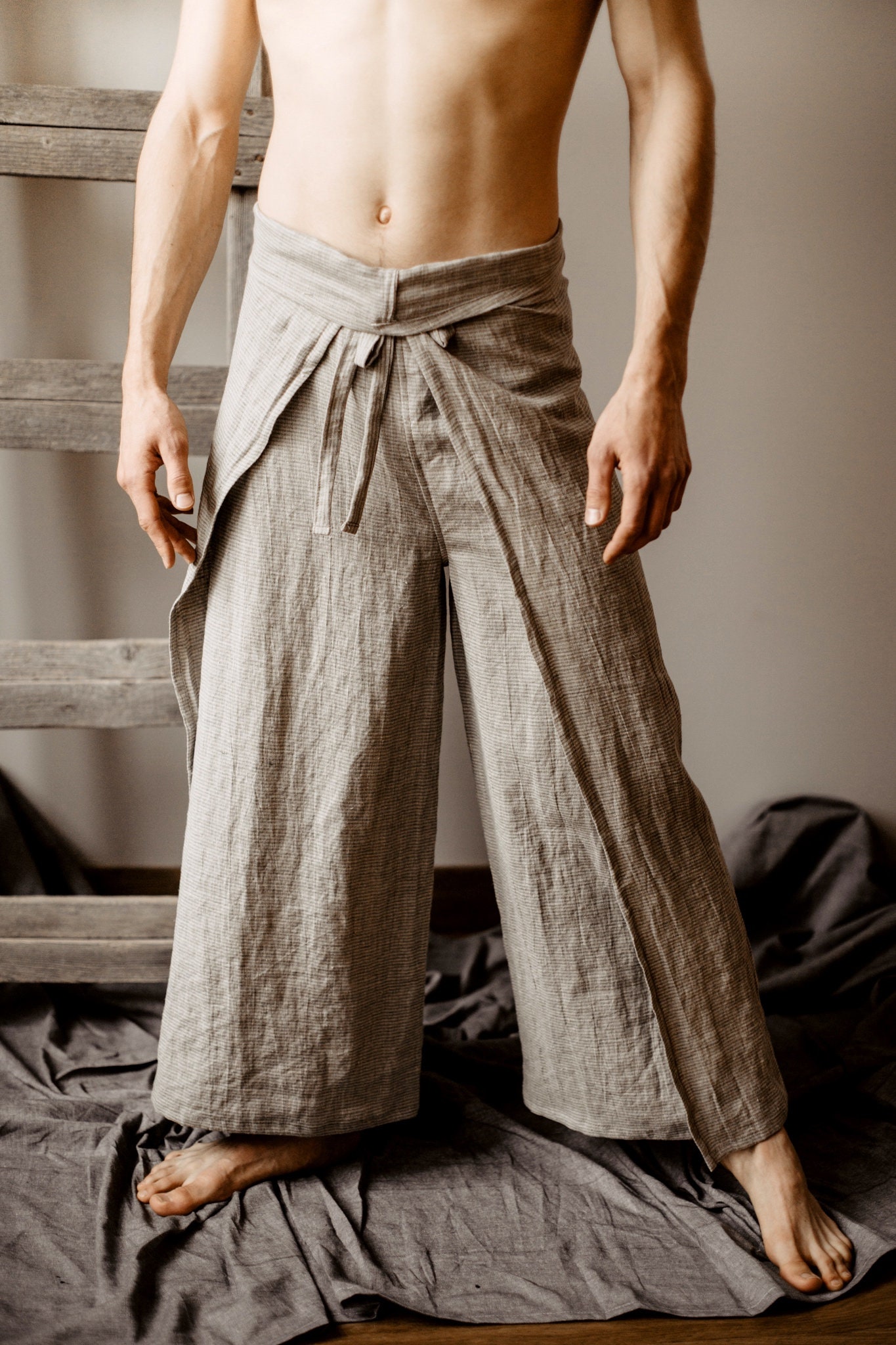 Fisherman Pants Linen Wrap Pants Mens Line Yoga Trousers Loose