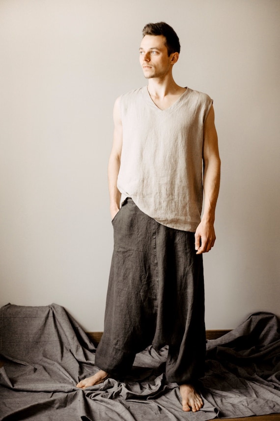 Mens Linen Top Sleeveless Linen Shirt Mens Summer Beach Shirt Linen Yoga Top  Size Small to XXXL, Made to Order 