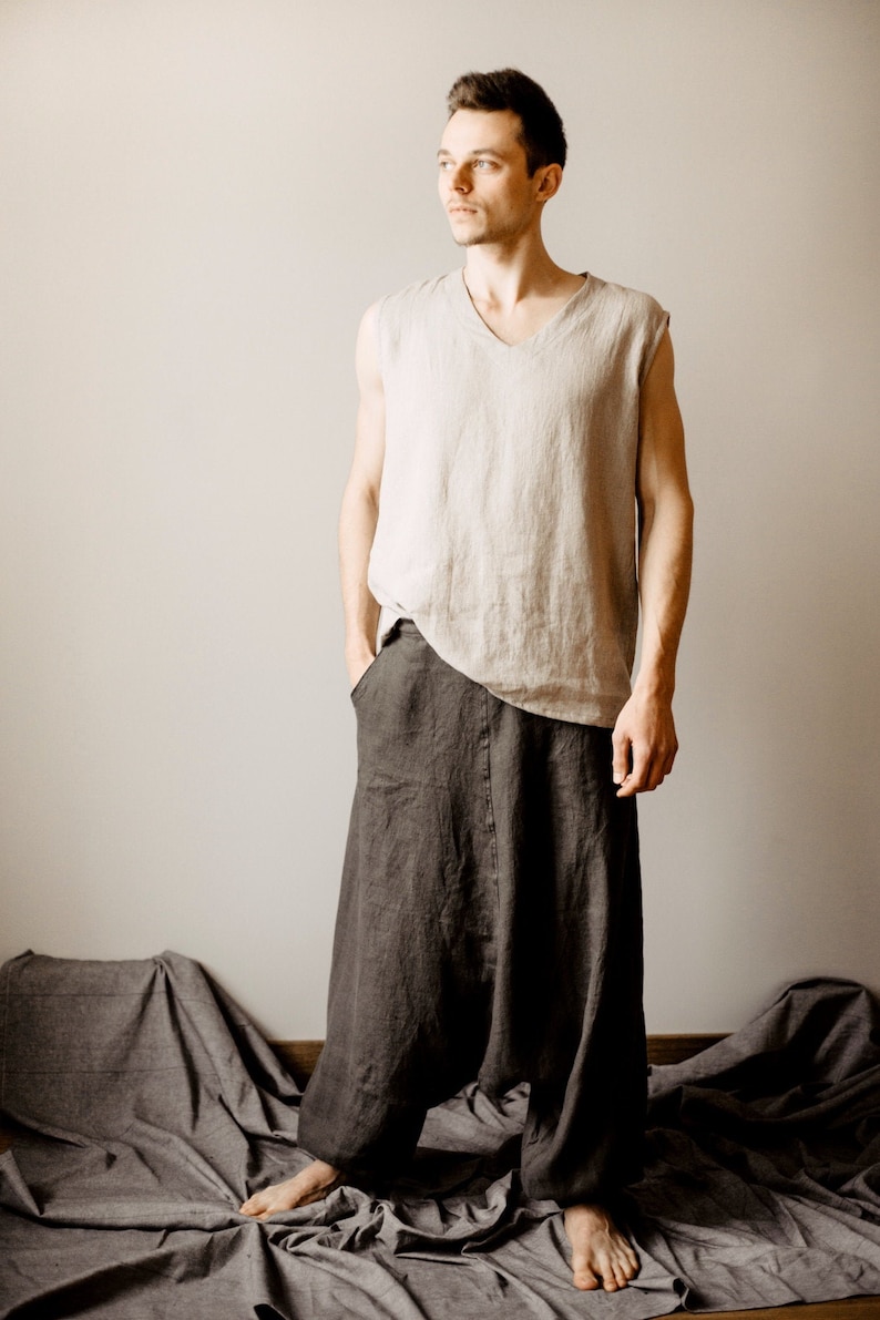 Mens Linen Top Sleeveless Linen Shirt Mens summer beach shirt Linen Yoga top Size Small to XXXL, made to order zdjęcie 1