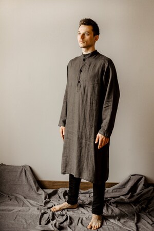 Caftan Manches Longues Pour Homme - Coton/Lin - Avec Poches - Taille M à 3XL - Coupe Universelle Décontractée