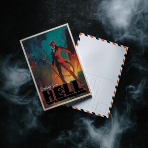 May include: Two postcards. One features a devil with a pitchfork in a red suit, flames, and the text "Greetings from HELL." The other is white with black and orange diagonal stripes.