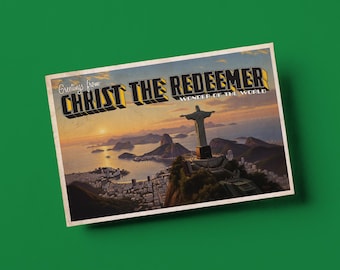 May include: Vintage postcard featuring Christ the Redeemer statue in Rio de Janeiro. The postcard reads "Greetings from Christ the Redeemer, Wonder of the World" in a retro font. The image shows the statue atop a mountain overlooking the city and ocean at sunset.