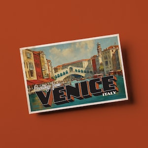 May include: Vintage postcard featuring a scenic view of Venice, Italy, with the Rialto Bridge prominently displayed. The postcard has a distressed, aged appearance, with the words "Greetings from Venice Italy" in bold lettering.
