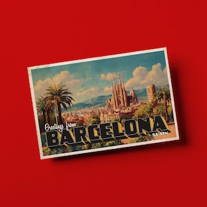 Barcelona Postcard - Retro Greetings From Spain Post Card / Art Print Gift For Travelers