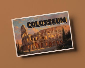May include: Vintage postcard featuring an artistic rendering of the Colosseum in Rome. The postcard has the text "Greetings from the Colosseum, Wonder of the World" in a stylized font. The image shows the ancient amphitheater under a sunset sky.
