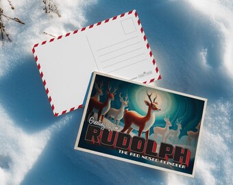 May include: Two postcards on a snowy surface. One postcard features a vintage illustration of reindeer, including Rudolph, with the text "Greetings from Rudolph, The Red Nosed Reindeer." The other postcard has a white background with red trim.