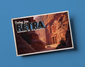May include: A vintage postcard featuring the ancient city of Petra, Jordan. The postcard displays the Treasury building carved into a sandstone cliff, with the text "Greetings from Petra, Wonder of the World."