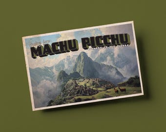 May include: Vintage postcard featuring Machu Picchu, a historical site in Peru. The postcard has the text "Greetings from MACHU PICCHU WONDER OF THE WORLD" in a retro font. The image shows the mountain landscape and the ancient city.