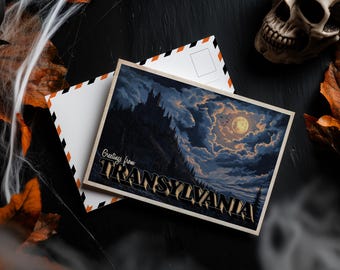 Transylvania Halloween Postcard – Vintage Travel Style Vampire Bats Card, Trick Or Treat Handout, Spooky Wall Art With Envelope