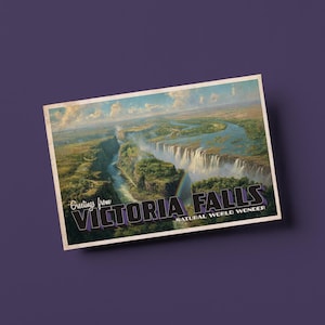 May include: Vintage postcard featuring Victoria Falls, a natural wonder. The image showcases a vibrant landscape with a waterfall, a rainbow, and lush greenery. Text reads "Greetings from Victoria Falls, Natural World Wonder."