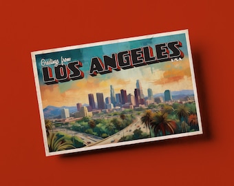 May include: A vintage postcard with the text "Greetings from LOS ANGELES USA." The postcard shows a colorful illustration of the Los Angeles skyline, palm trees, and a highway. The background is a gradient of blue, orange, and yellow.