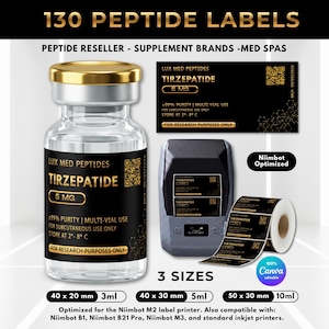 May include: A clear glass vial with a gold cap, a roll of black and gold labels, and a label printer. The labels feature the text LUX MED PEPTIDES, TIRZEPATIDE, 5 MG, and include a QR code. The image displays three label size options: 40x20mm, 40x30mm, and 50x30mm.