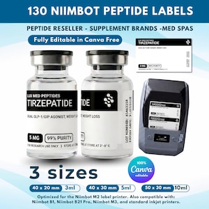 May include: Two clear glass vials with silver caps featuring black and white labels labelled Tirzepatide, 5 mg, 99% purity. Includes a small black label printer, a sample label design, and text indicating 130 Niimbot peptide labels in 40x20mm, 40x30mm, and 50x30mm sizes.