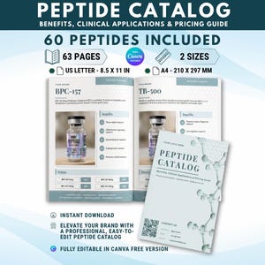 Può includere: Un modello di catalogo digitale di peptidi da 63 pagine con 60 peptidi e due formati: 8,5 x 11 pollici e 210 x 297 mm. Il documento mostra le voci BPC-157 e TB-500 con immagini di flaconi, elenchi di benefici e tabelle dei prezzi.