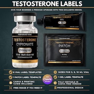 May include: A set of testosterone label templates featuring a clear glass vial, a black gel tube, and a black patch packet. The labels are black and gold with text including Testosterone Cypionate 250mg/ml, Testosterone Gel 1.62%, and Testosterone Patch 2mg/day.