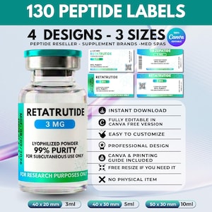 Könnte beinhalten: Eine klare Glasampulle mit türkisfarbenem Verschluss und einem Etikett mit der Aufschrift RETATRUTIDE 3 MG LYOPHILIZED POWDER 99% PURITY FOR SUBCUTANEOUS USE ONLY FOR RESEARCH PURPOSES ONLY. Enthält 130 Etiketten in 4 Designs und 3 Größen: 40x20mm, 40x30mm, 50x30mm.