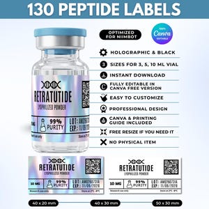 Peptide Vial Labels,  130 Custom editable Peptide label template, Niimbot Compatible Holographic 40×20mm, 40x30mm & 50×30mm